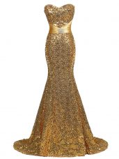 Chic Gold Sleeveless Sequined Brush Train Lace Up Prom Party Dress for Prom and Military Ball and Sweet 16