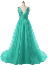 A-line Sleeveless Turquoise Prom Gown Brush Train Backless