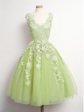 Yellow Green Tulle Lace Up Vestidos de Damas Sleeveless Knee Length Appliques