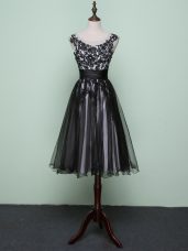 Black Tulle Zipper Homecoming Dress Sleeveless Knee Length Lace and Appliques