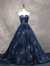 Navy Blue A-line Beading Prom Party Dress Lace Up Tulle Sleeveless