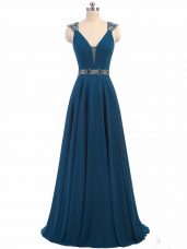 Wonderful Chiffon Cap Sleeves Floor Length Prom Dress and Beading