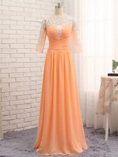 Orange Homecoming Dress Prom and Party and Military Ball with Lace and Appliques and Ruching Bateau Long Sleeves Zipper