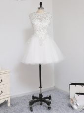 Sexy White A-line Beading and Lace and Appliques Homecoming Dress Zipper Tulle Sleeveless Mini Length