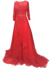 Pretty Red A-line Bateau Long Sleeves Tulle Brush Train Zipper Lace and Appliques and Belt Prom Gown