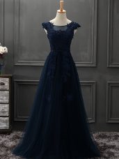 Dynamic Mini Length Navy Blue Mother of the Bride Dress Tulle Sleeveless Beading and Lace and Appliques