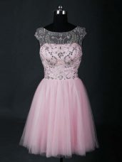 Charming Short Sleeves Tulle Mini Length Lace Up Prom Dress in Baby Pink with Beading
