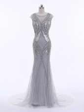 Zipper Prom Evening Gown Grey for Prom and Military Ball and Beach with Beading Brush Train