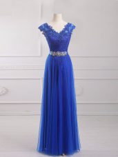 Smart Short Sleeves Tulle Floor Length Lace Up Prom Dress in Royal Blue with Beading and Lace and Appliques and Belt