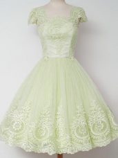 Yellow Green Tulle Zipper Square Cap Sleeves Knee Length Vestidos de Damas Lace