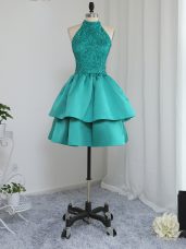 Extravagant Turquoise High-neck Neckline Lace and Appliques Sleeveless Zipper