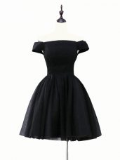Glamorous Mini Length Black Prom Dresses Tulle Sleeveless Ruching