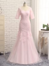 Baby Pink Half Sleeves Floor Length Lace and Appliques Zipper Mother Dresses