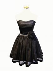 Chic Sleeveless Mini Length Ruching and Bowknot and Hand Made Flower Lace Up Prom Evening Gown with Black