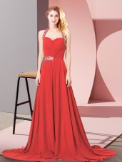 Colorful Chiffon Halter Top Sleeveless Brush Train Zipper Beading and Ruching Red Carpet Prom Dress in Red