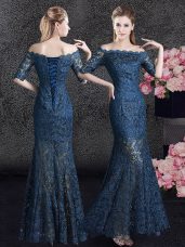 Mermaid Navy Blue Off The Shoulder Neckline Lace Mother of the Bride Dress Half Sleeves Lace Up