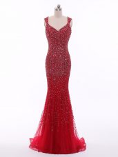 Floor Length Mermaid Sleeveless Red Womens Evening Dresses Zipper