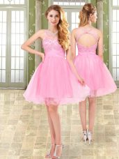 Sumptuous Mini Length Pink Prom Evening Gown High-neck Sleeveless Side Zipper