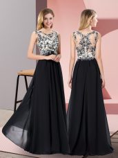 Black Empire Appliques Evening Dress Zipper Chiffon Sleeveless Floor Length