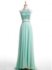 Spectacular Apple Green Sleeveless Brush Train Beading Prom Gown