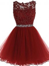 Glamorous Burgundy Cocktail Dresses Prom and Party and Sweet 16 with Beading and Lace and Appliques Scoop Sleeveless Zipper