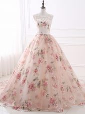 Pink Sleeveless Brush Train Lace and Appliques and Belt Prom Evening Gown