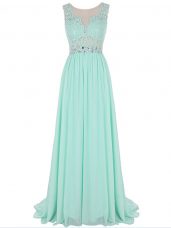 Glorious Sleeveless Chiffon Brush Train Backless Prom Party Dress in Apple Green with Beading and Lace and Appliques