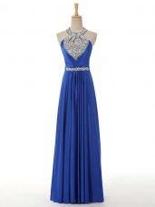 Unique Royal Blue Evening Dress Prom and Military Ball with Beading and Ruching Halter Top Sleeveless Zipper