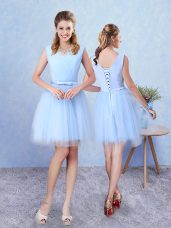 V-neck Sleeveless Quinceanera Dama Dress Knee Length Ruching Aqua Blue Tulle