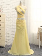 Fancy Floor Length Column/Sheath Sleeveless Yellow Brush Train Zipper