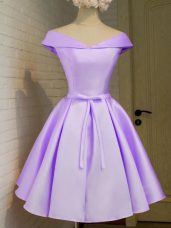 Fantastic Taffeta Off The Shoulder Cap Sleeves Lace Up Belt Court Dresses for Sweet 16 in Lavender