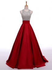 Enchanting Wine Red A-line Elastic Woven Satin Scoop Sleeveless Beading Backless