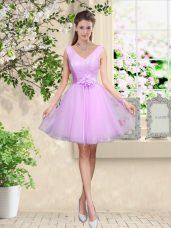 A-line Vestidos de Damas Lilac V-neck Tulle Sleeveless Knee Length Lace Up