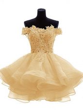 Nice Mini Length Gold Prom Dress Off The Shoulder Sleeveless Zipper