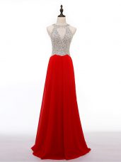 Pretty Red Prom Party Dress Chiffon Sleeveless Beading