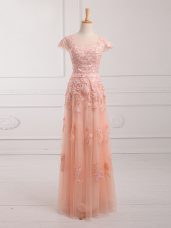 Flare Scoop Cap Sleeves Mother of Bride Dresses Floor Length Lace and Appliques and Belt Peach Tulle