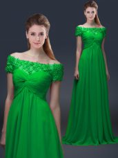 Cheap Short Sleeves Chiffon Floor Length Lace Up Mother Dresses in Green with Appliques