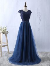 Fine Short Sleeves Lace and Appliques Zipper Prom Gown