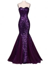 Excellent Purple Sleeveless Sequins Floor Length Prom Gown