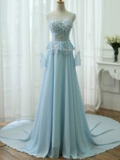 Light Blue Empire Beading and Appliques Dress Like A Star Zipper Chiffon Long Sleeves