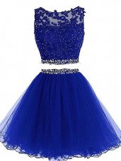 Mini Length Royal Blue Cocktail Dresses Tulle Sleeveless Beading and Lace and Appliques
