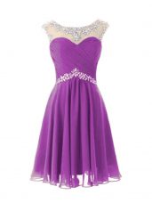 Artistic Purple Chiffon Zipper Prom Evening Gown Cap Sleeves Knee Length Beading