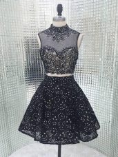 Black Backless Prom Gown Beading and Lace and Appliques Sleeveless Mini Length