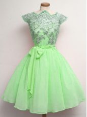 Romantic Chiffon Lace Up Scalloped Cap Sleeves Knee Length Quinceanera Court Dresses Lace and Belt