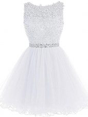 Sleeveless Tulle Mini Length Zipper Evening Dress in White with Beading and Lace and Appliques