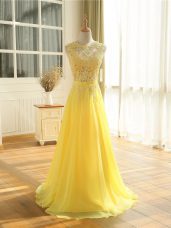 On Sale Sleeveless Floor Length Lace and Appliques Zipper with Yellow