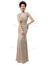 Champagne Zipper Evening Dress Sequins Sleeveless Floor Length