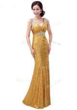 Chic Gold Sequined Zipper V-neck Sleeveless Floor Length Prom Evening Gown Sequins