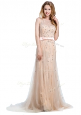 Exquisite Scoop Tulle Sleeveless With Train Prom Gown Brush Train and Beading