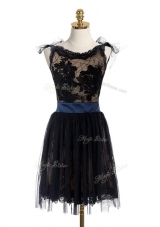 Black Backless Scoop Lace and Belt Prom Dress Lace Sleeveless